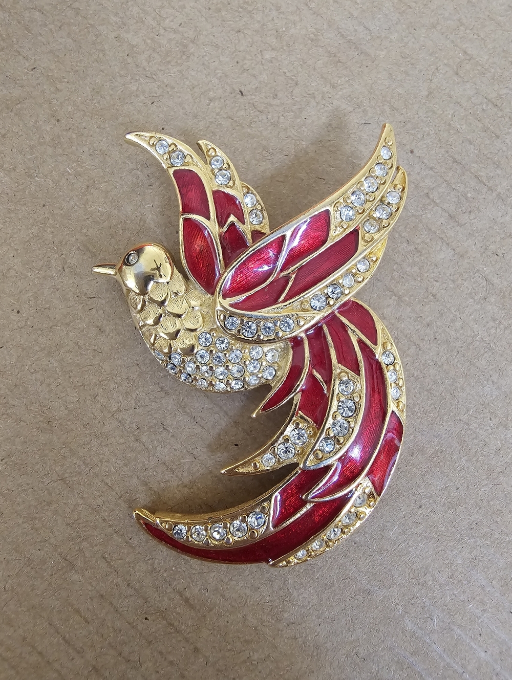 Vintage Gold-Tone Red Enamel Bird Of Paradise Brooch with Clear Crystals